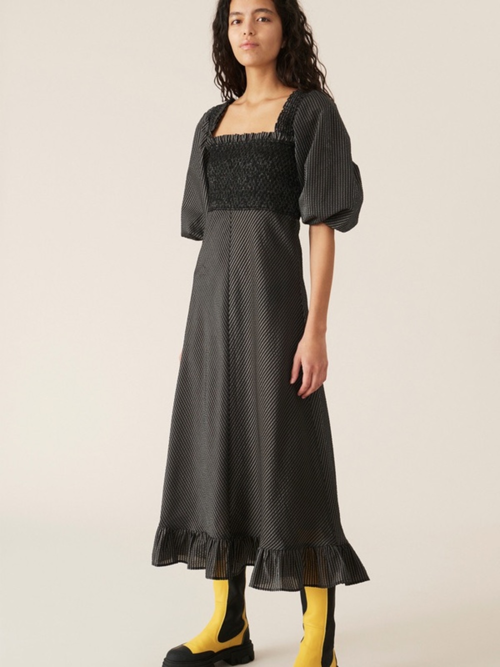 GANNI Black Pinstripe Puff-Sleeve Midi Dress - Picture 2 of 2